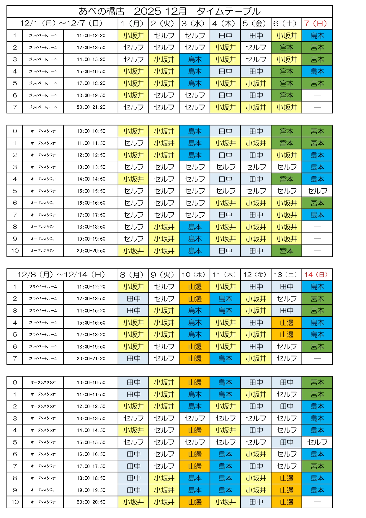 ルパラディゴルフ近鉄あべの橋店　プロシフト表
