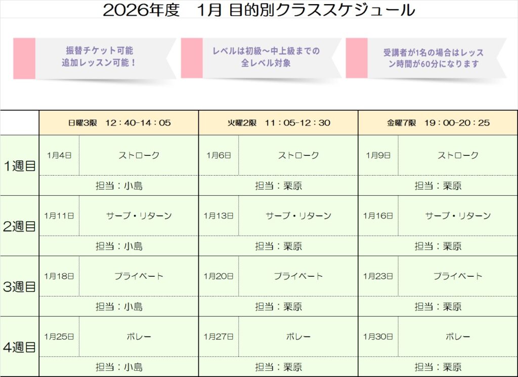 2026年1月 目的別クラススケジュール【会員様用】